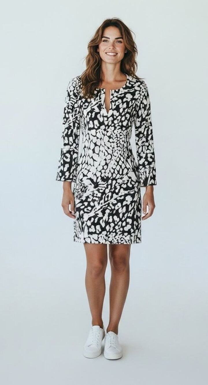 A5 Auth DIANE VON FURSTENBERG Black & White Abstract Print Silk Dress Size 6